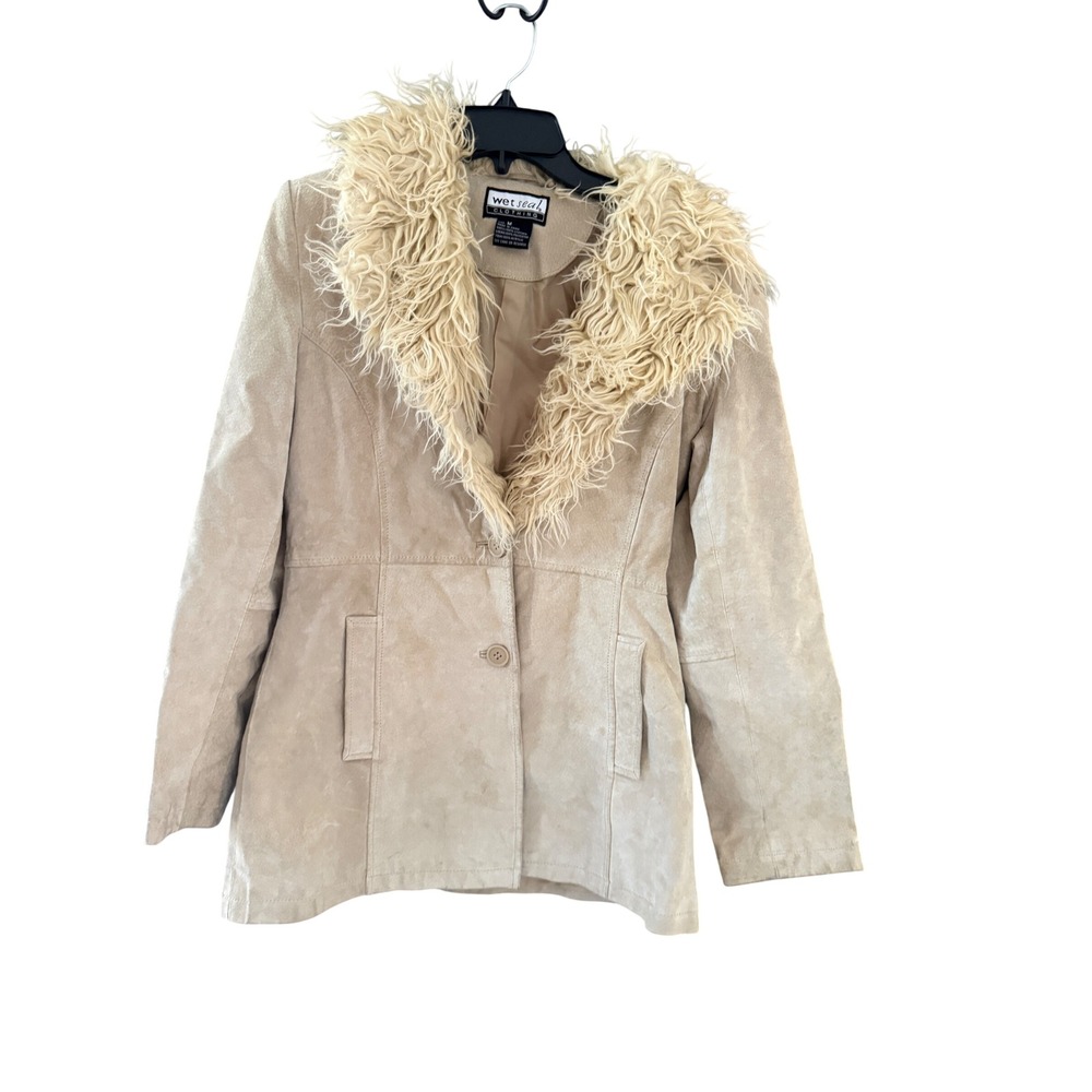 Wet Seal Vintage Y2k Tan Leather Suede Jacket Shaggy Faux Fur Collar Penny Lane